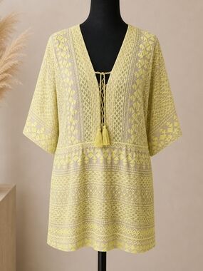 BCBGMaxAzria Yellow Embroidered V-Neck Tunic/Dress.